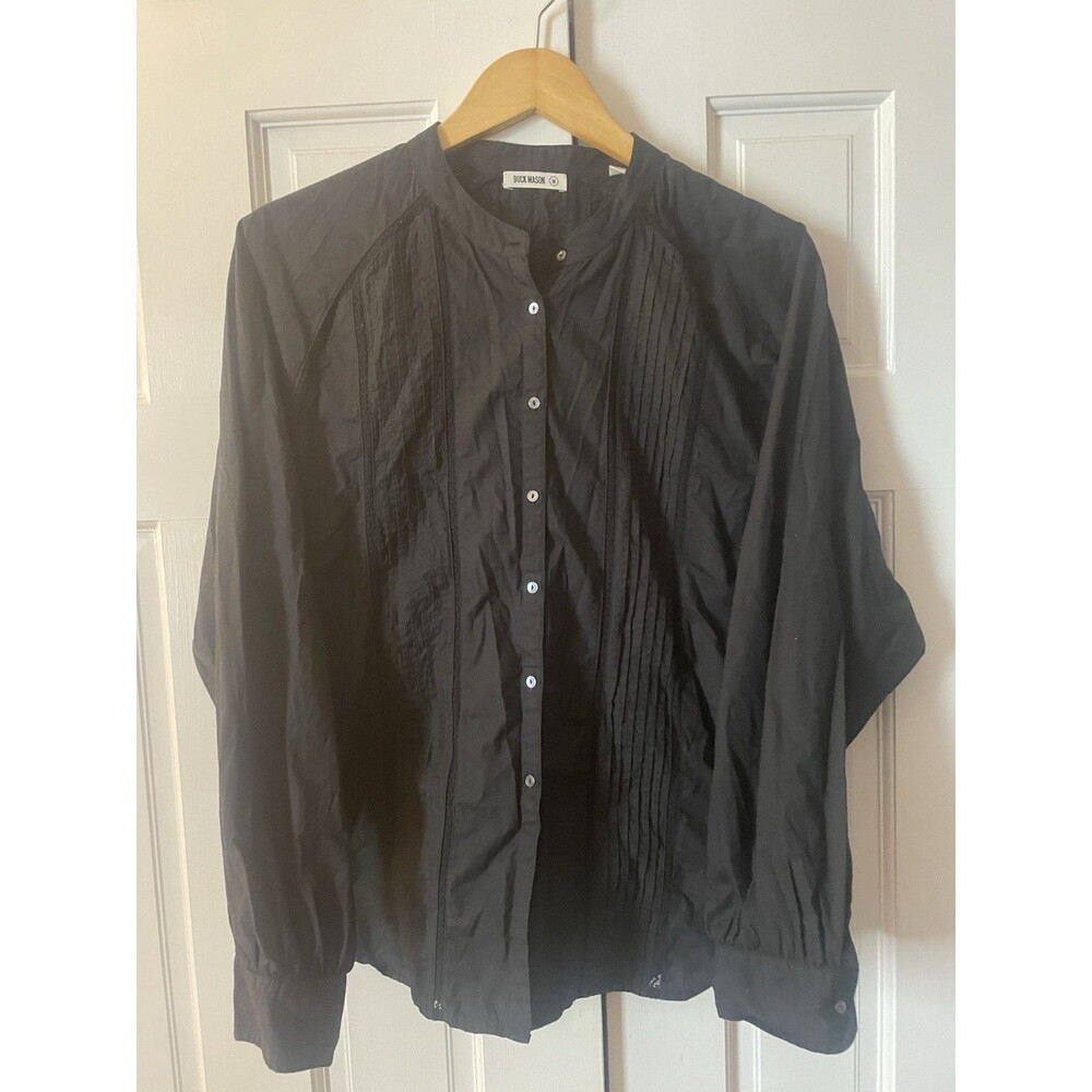 Buck Mason Black Cotton Poplin Pintuck Lace Panel Blouse Shirt Top Women's M